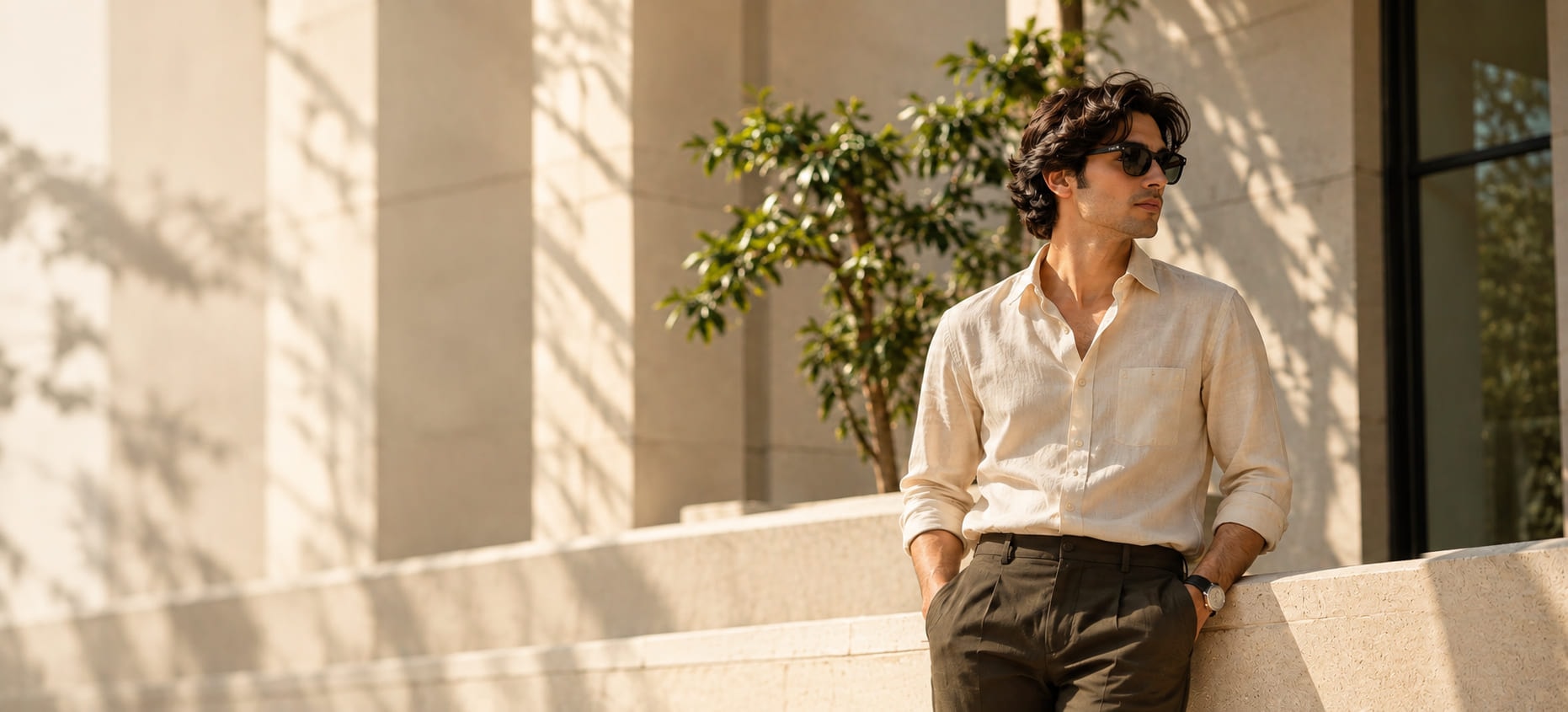 A man in a cream linen shirt and olive trousers leaning against a sunlit stone wall