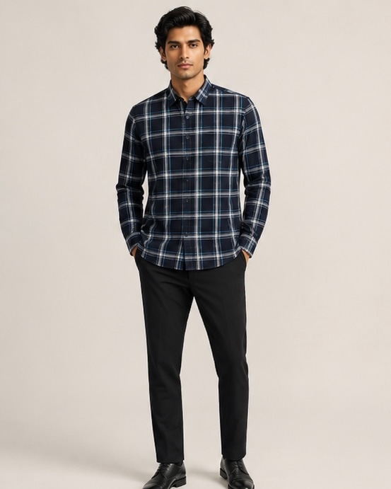 Casual Check Cotton Shirt in Midnight Grid
