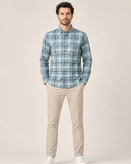Madras Plaid Check Shirt in Cool Aqua