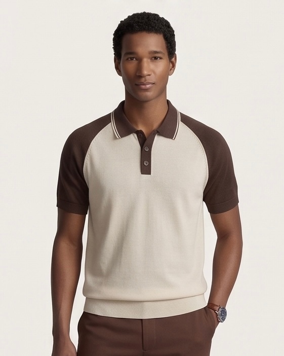 Classic Contrast Sleeve Polo in Sand & Espresso