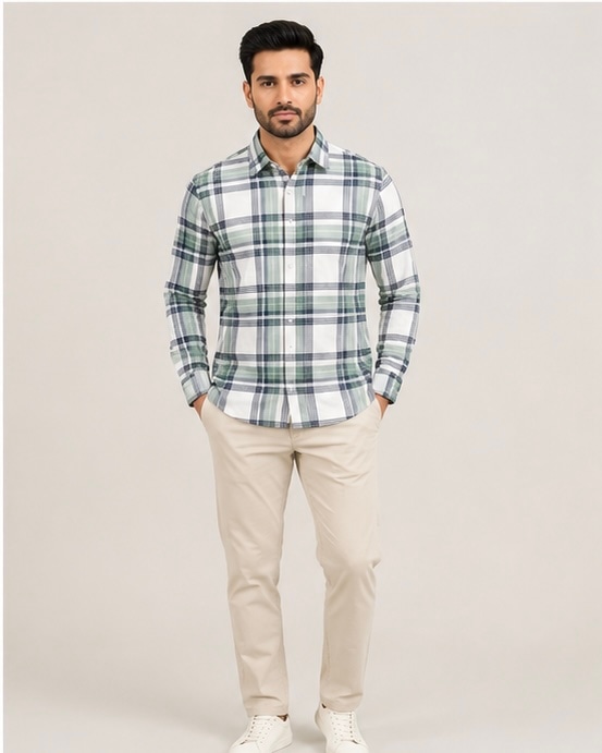 Plaid Check Cotton Shirt in Olive Frost