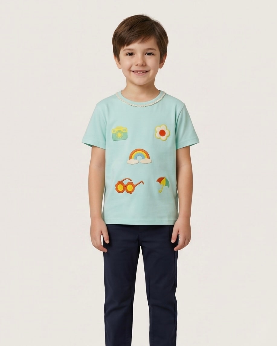 A child in a printed cotton tee