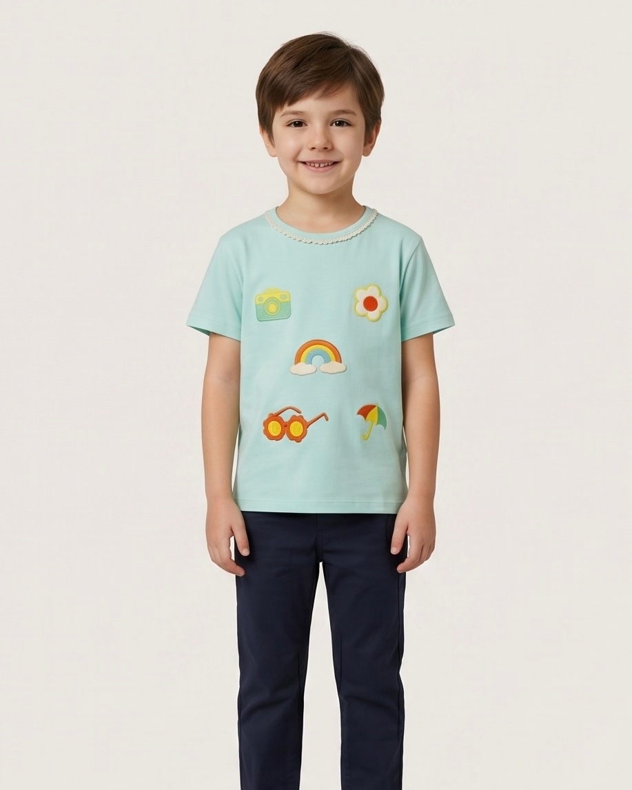 Rainbow Applique Cotton Tee in Sky Blue