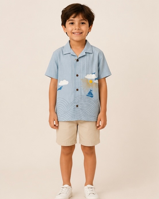Seaside Embroidered Seersucker Shirt in Sky
