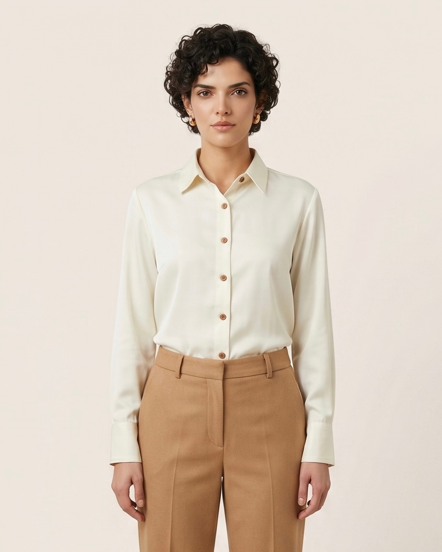 Women's Ivory Satin Shirt in Ivory